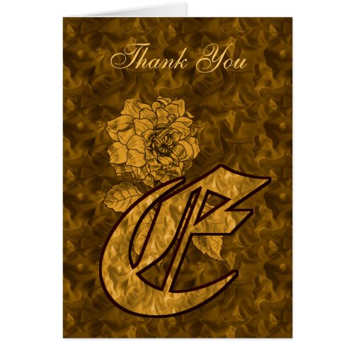 Monogram Initial E Gold Satin Peony Thank You Card