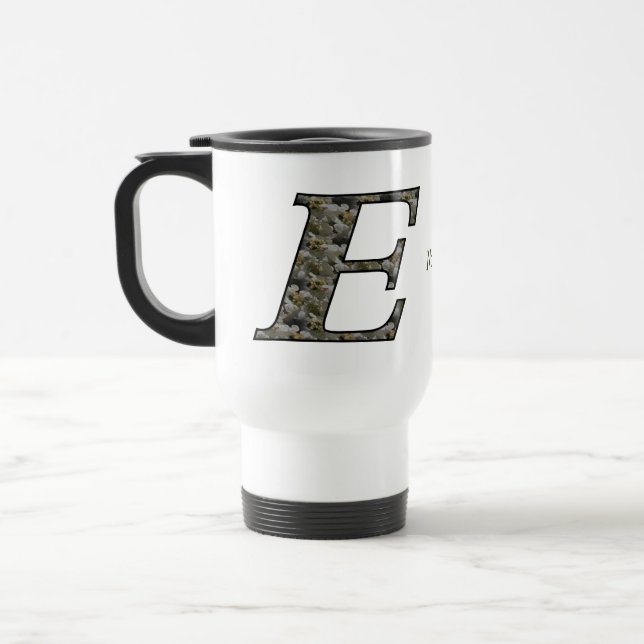 Monogram Initial E Hydrangea Flowers Personalized Travel Mug (Left)
