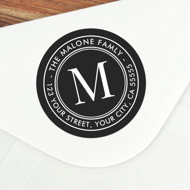 Monogram initial elegant black return address classic round sticker (Creator Uploaded)