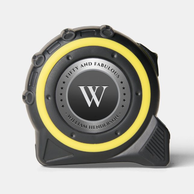 Monogram Initial Elegant Black Silver Construction Tape Measure (Front)