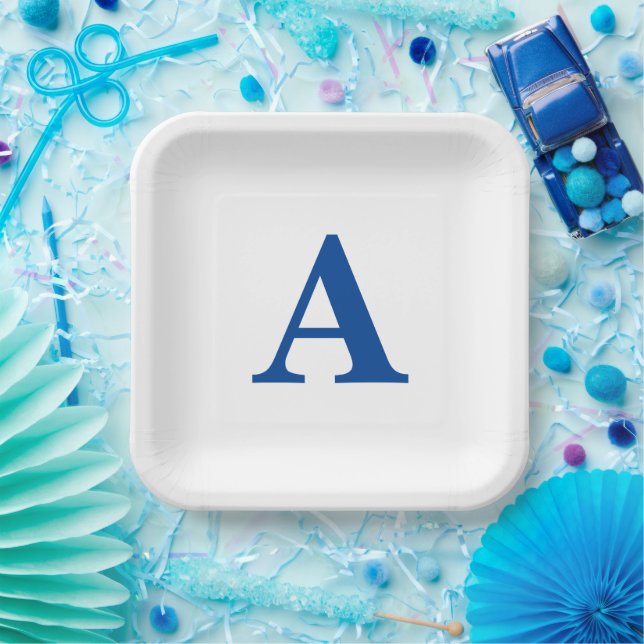 Monogram Initial Elegant Custom Name Blue White Paper Plates (Party)