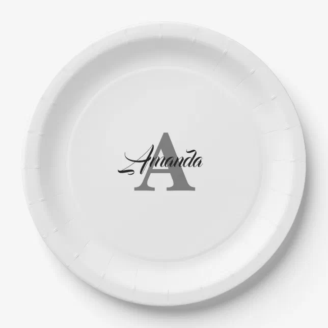 Monogram Initial Elegant Custom Name Grey White Paper Plates