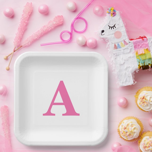 Monogram Initial Elegant Custom Name Pink White Paper Plates (Party)