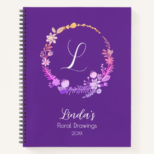 Monogram Initial Elegant Custom Name Purple Floral Notebook
