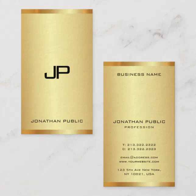 Monogram Initial Elegant Gold Look Modern Vertical Business Card | Zazzle