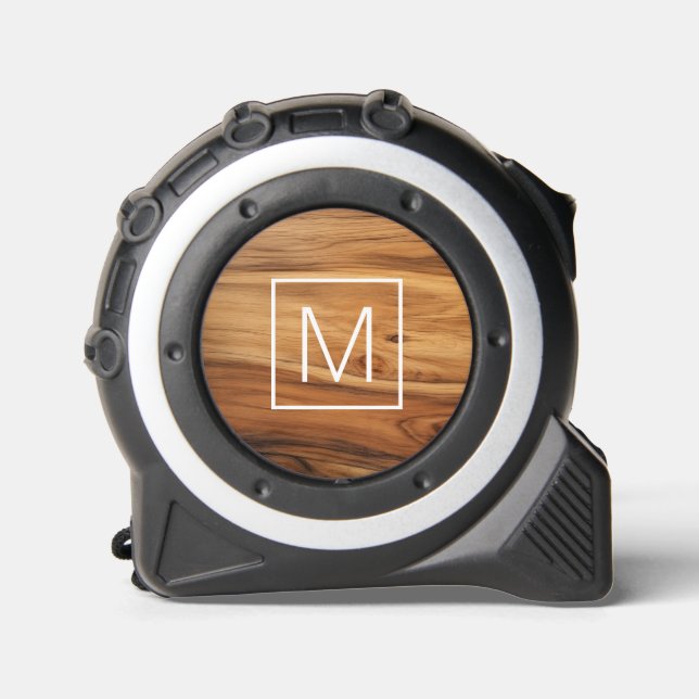 Monogram initial elegant polished wood look tape measure (Front)