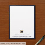 Monogram Initial Emblem Blue Business Letterhead<br><div class="desc">Present your correspondence with a touch of distinction using our Monogram Initial Emblem Blue Business Letterhead. The brushed gold monogram initial emblem, paired with your company name, address, and contact information in classic navy blue typography, exudes professionalism on a pristine white background. The design is elegantly framed in a rich...</div>