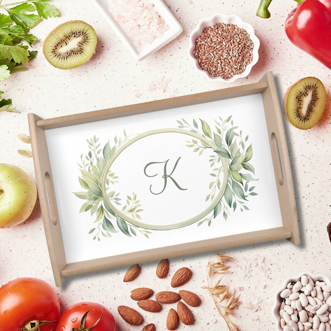 Monogram Initial Eucalyptus Greenery  Serving Tray (Monogram Eucalyptus Greenery serving tray.)