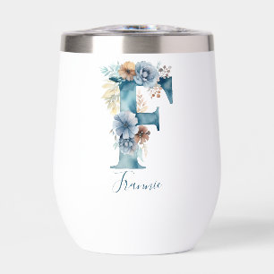 Monogram Initial F Blue Floral Watercolor Gift Her Thermal Wine Tumbler