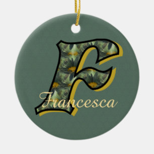 Monogram Initial F Daisies Floral Personalized Ceramic Ornament