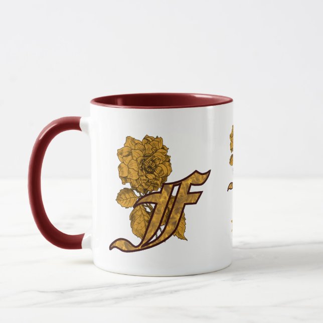 Monogram Initial F Elegant Gold Peony Personalized Mug (Left)