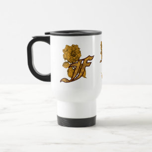 Monogram Initial F Elegant Gold Peony Personalized Travel Mug