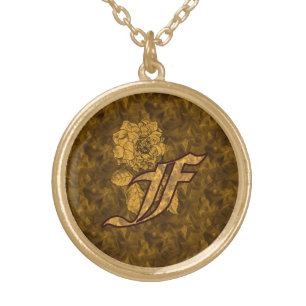 Monogram Initial F Elegant Peony Flower Gold Plated Necklace