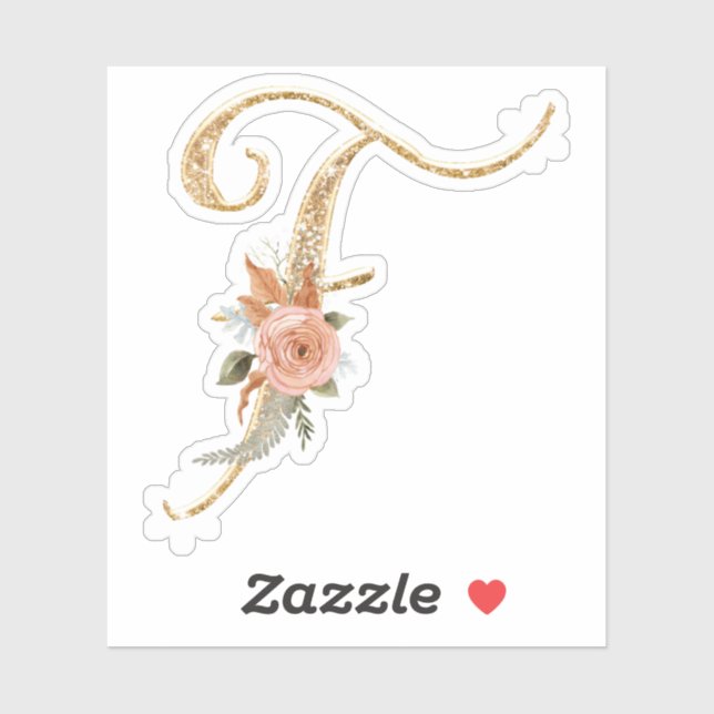 Monogram Initial F Gold Glitter Peony Rose Floral Sticker (Sheet)