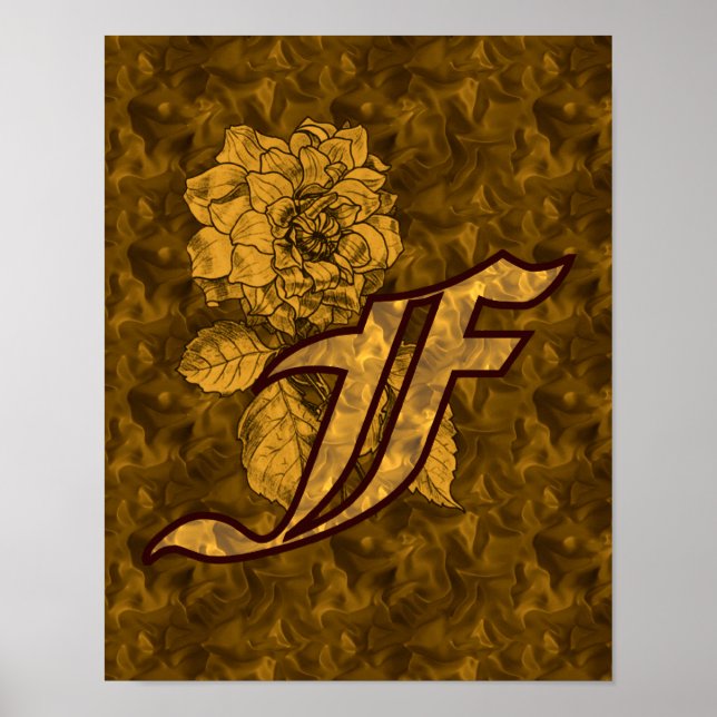 Monogram Initial F Gold Peony Floral  Poster (Front)