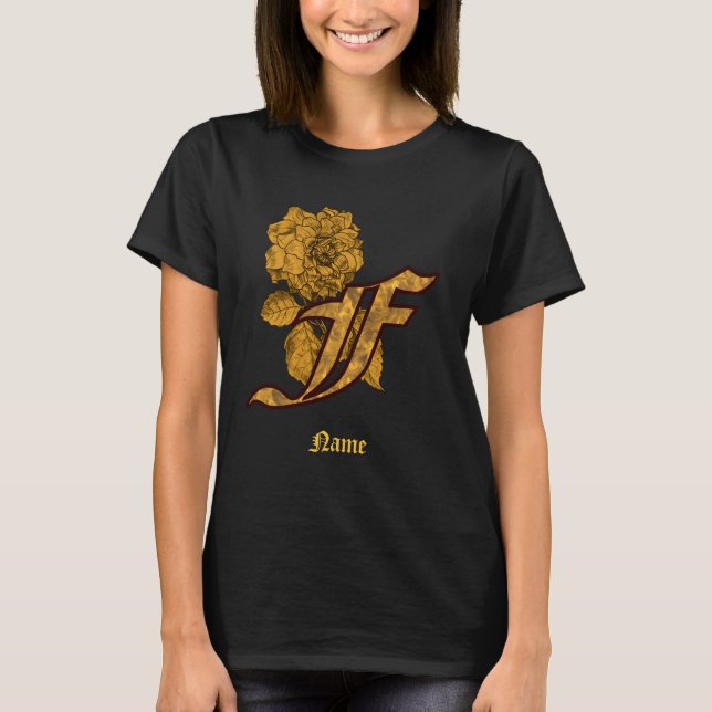 Monogram Initial F Gold Peony Flower Personalized T-Shirt (Front)