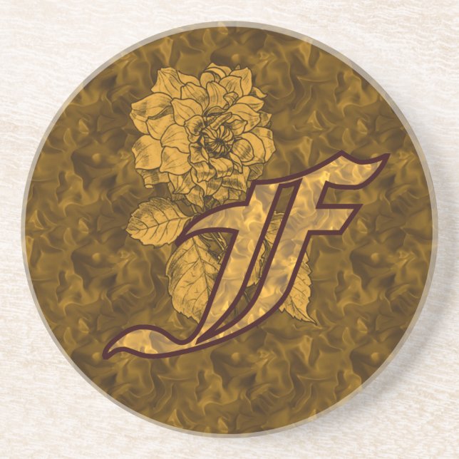 Monogram Initial F Gold Peony  Sandstone Coaster (Front)