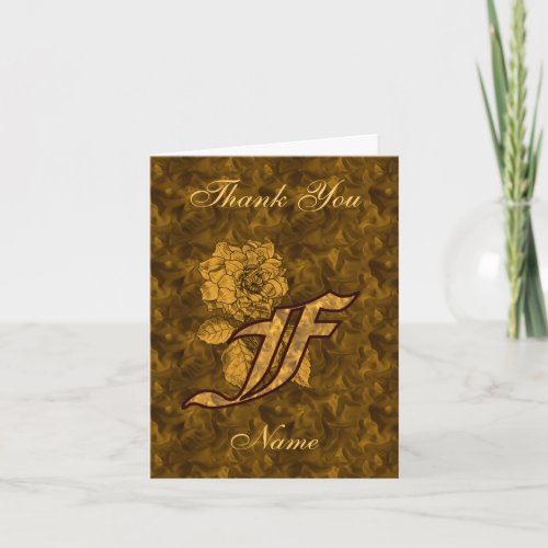 Monogram Initial F Gold Satin Peony Personalized Thank You Card
