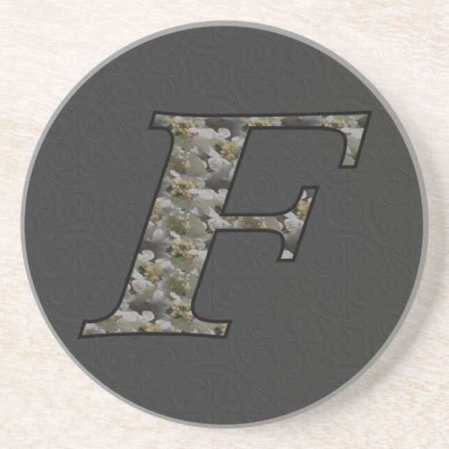Monogram Initial F Hydrangea Floral  Sandstone Coaster (Front)