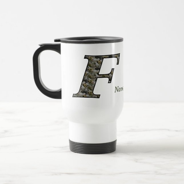 Monogram Initial F Hydrangea Flowers Personalized Travel Mug (Left)