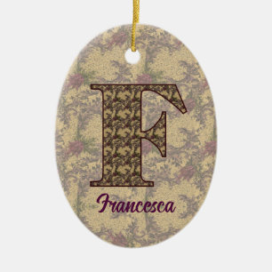 Monogram Initial F Vintage Floral Personalized Ceramic Ornament