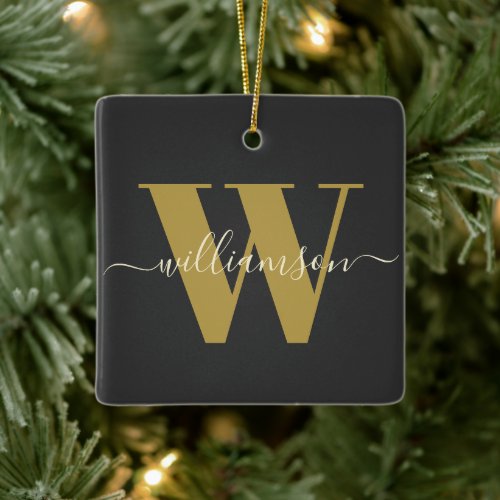 Monogram Initial Family Name Black Gold Christmas Ceramic Ornament