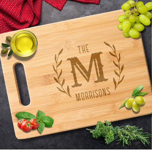 Monogram Initial Family Name Elegant Wreath Engraved Cutting Board