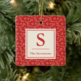 Monogram Initial Family Name Red Berry Christmas Ceramic Ornament
