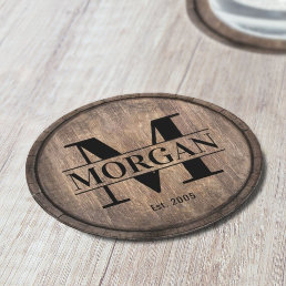 Monogram Initial Family Name Rustic Faux Wooden Round Paper Coaster