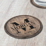 Monogram Initial Family Name Rustic Faux Wooden Round Paper Coaster at Zazzle