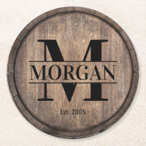 Monogram Initial Family Name Rustic Faux Wooden Round Paper Coaster Monogram Initial Family Name Rustic Faux Wooden Round Paper Coaster
