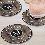 Monogram Initial Family Name Rustic Wood Round Paper Coaster<br><div class="desc">These rustic coasters are the perfect addition to your family beach house, lake house, or for gatherings like parties and family reunions. They feature a bold initial monogram at the center, with your family name elegantly displayed at the top. The bottom reads "Beach House, " but this can be customized...</div>