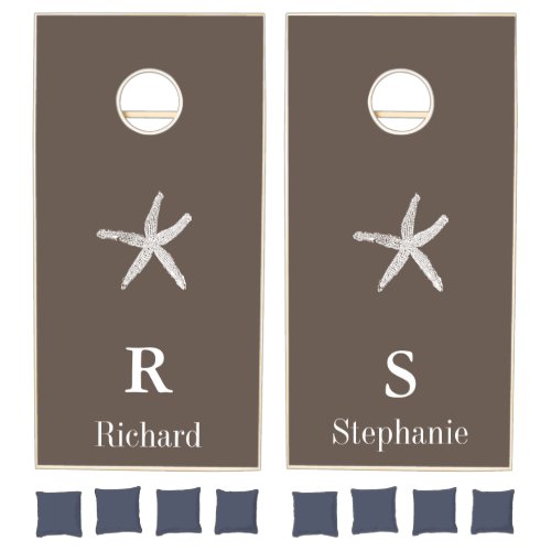 Monogram Initial Family Rustic Wood Brown Starfish Cornhole Set