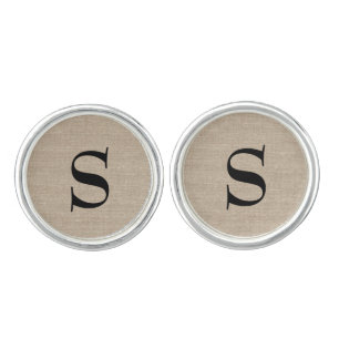 Monogram initial faux linen burlap hipster vintage cufflinks