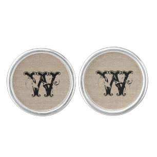 Monogram initial faux linen burlap hipster vintage cufflinks