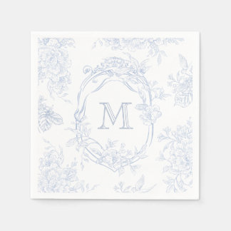 Monogram Initial Floral Blue Toile Wedding Bridal Napkins