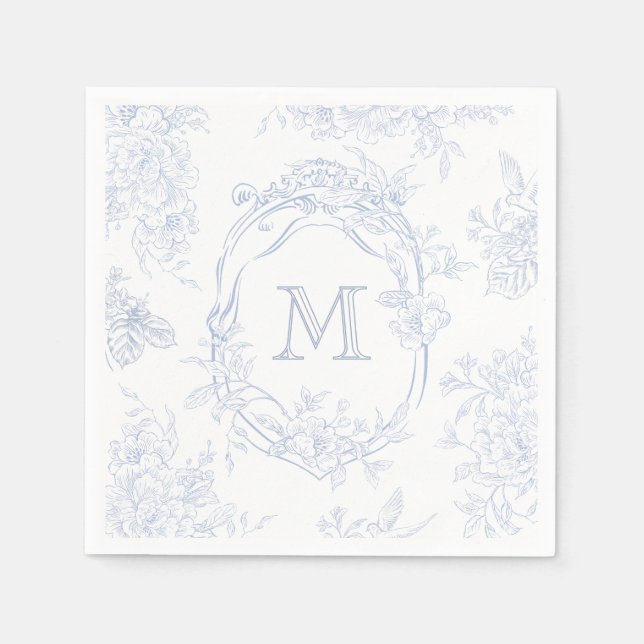 Monogram Initial Floral Blue Toile Wedding Bridal Napkins (Front)