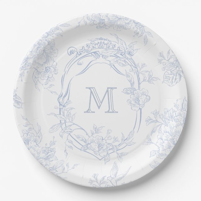 Monogram Initial Floral Blue Toile Wedding Bridal Paper Plates (Front)