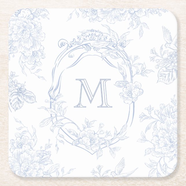 Monogram Initial Floral Blue Toile Wedding Bridal Square Paper Coaster (Front)