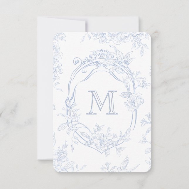 Monogram Initial Floral Blue Toile Wedding Bridal Thank You Card (Front)