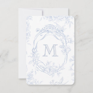 Monogram Initial Floral Blue Toile Wedding Bridal Thank You Card