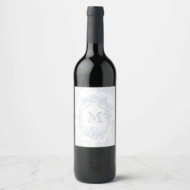 Monogram Initial Floral Blue Toile Wedding Bridal Wine Label (Front)