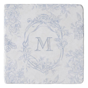 Monogram Initial Floral Blue Toile Wedding Gift Trivet