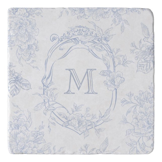 Monogram Initial Floral Blue Toile Wedding Gift Trivet (Front)