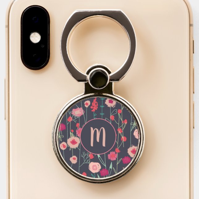Monogram Initial Floral Dark Phone Ring Stand (Close Up)