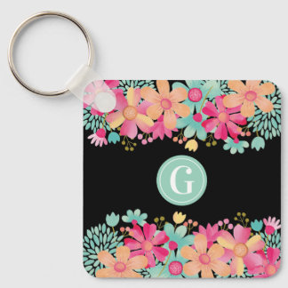 Monogram Initial Floral Painting Key Tag ID Keychain