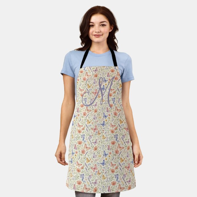 Monogram Initial Florals Butterflies Gift Her Apron (Worn)