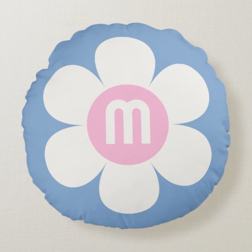 Monogram Initial Flower Power Daisy pink  blue Round Pillow