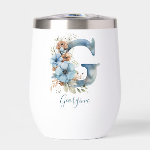 Monogram Initial G Blue Floral Watercolor Gift Her Thermal Wine Tumbler