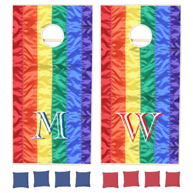 Monogram initial Gay pride rainbow flag LGBT LGBTQ Cornhole Set (Set)